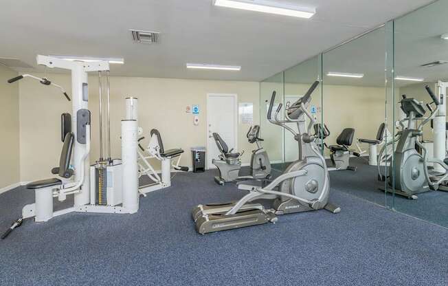 A gym with a variety of equipment including treadmills, stationary bikes, and weight machines.