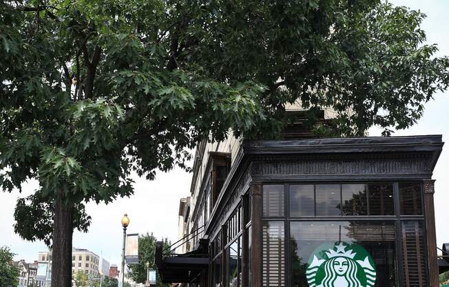 a coffee shop on a sidewalk next to a tree