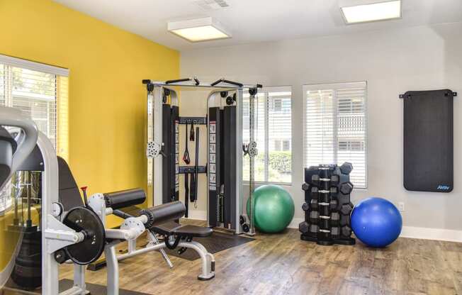 Renaissance Park on-site fitness center with free weights and weight machine at Renaissance Park Apartments, Davis