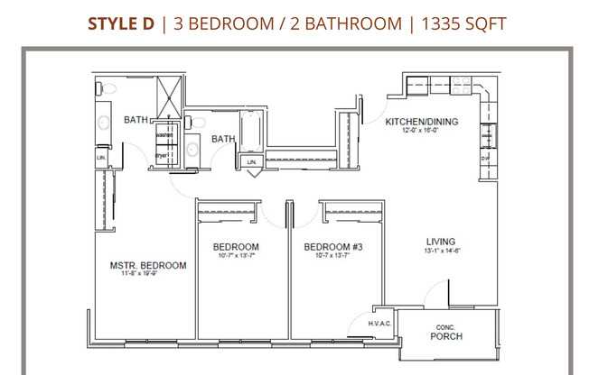 3 beds, 2 baths, 1,335 sqft, $1,575, Unit 105