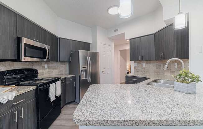 A kitchen with a granite countertop and stainless steel appliances.