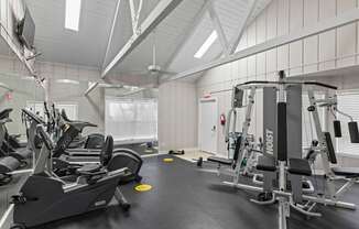 A gym with treadmills, elliptical machines, and weight machines.
