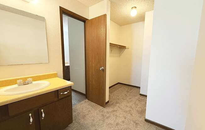 A bathroom with a sink, mirror, and carpeted floor.