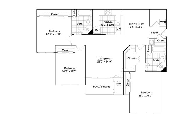 3 beds, 2 baths, 1,248 sqft, $2,886, Unit 100WO-104