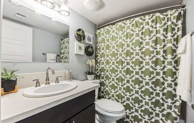 A bathroom with a green and white shower curtain.