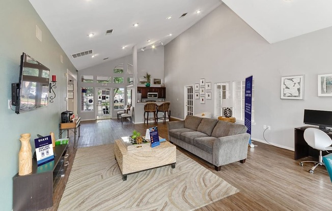 A living room with a couch, a coffee table, and a television.
