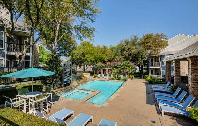 the preserve at ballantyne commons pool and patio with chairs and umbrellas