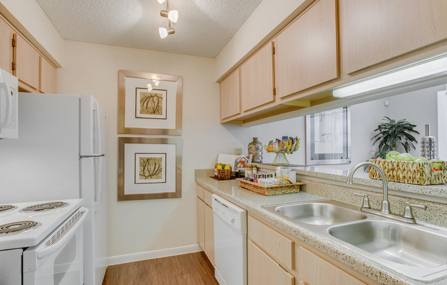 View of Kitchen, Showing Plank Wood Flooring and Gas Appliances at The Regatta Apartments