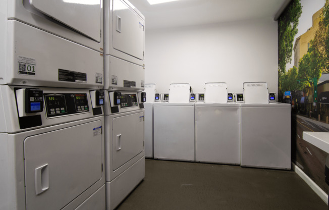 A row of industrial washing machines are lined up in a laundromat.