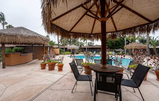 a patio with a table and chairs and a pool in the background