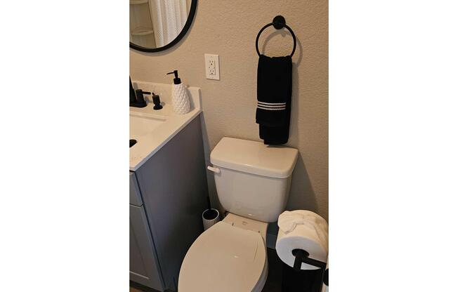 A clean bathroom scene featuring a white toilet next to a gray vanity. The vanity has a circular mirror above it. A black towel hangs on a circular towel rack, and there are toiletries on the vanity. A black trash can and a white toilet paper roll are visible in the corner, giving the space a modern and tidy appearance.