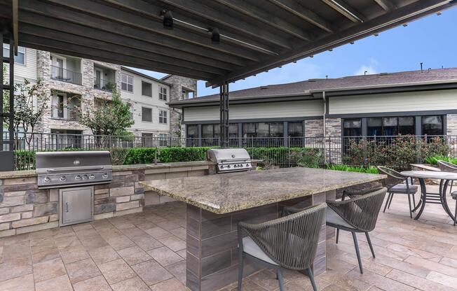 a building with a metal bench