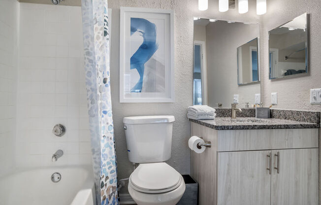 Bathroom with updated vanity and shower at Elme Herndon, Herndon, 20171