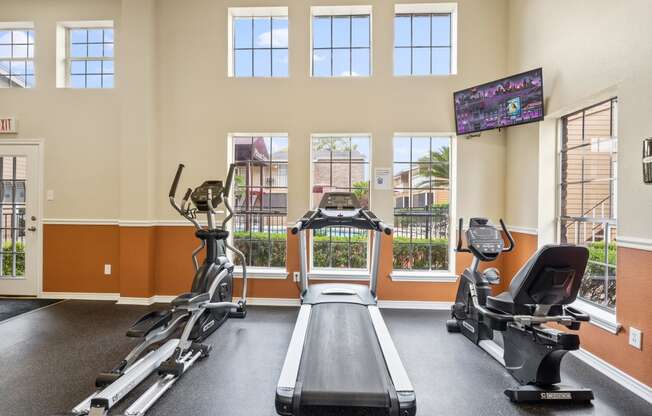 a gym with two treadmills and two ellipticals