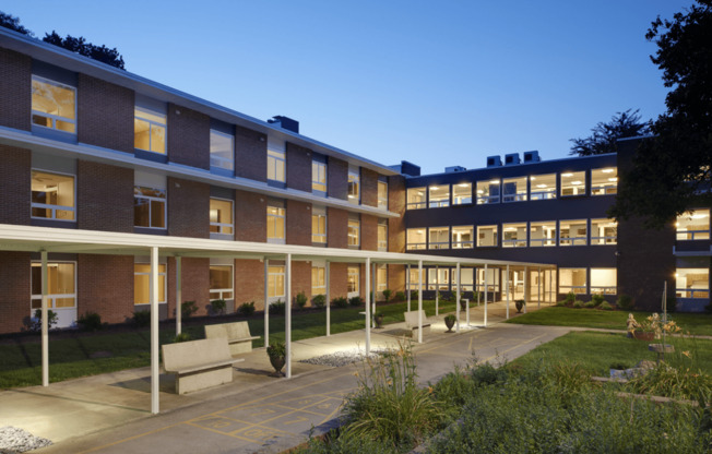 a view of the courtyard at night