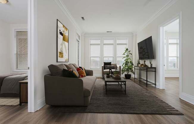 A living room with a brown couch and a rug.