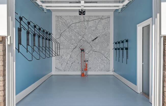 a room with a map on the wall and a blue floor