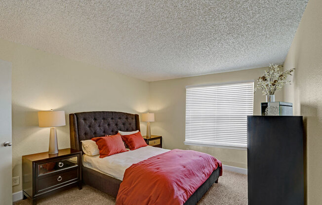 A cozy bedroom at Acacia Park with soft carpet, neutral walls, a large window with blinds for natural light, and balanced bedside lighting that creates a calm, comfortable retreat.
