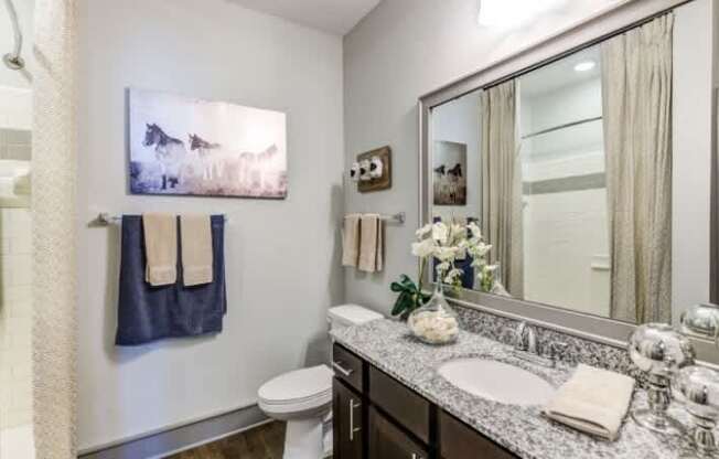 A bathroom with a toilet, sink, and a painting of a horse.