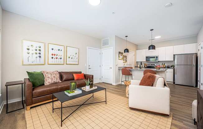a living room with a couch and a table
