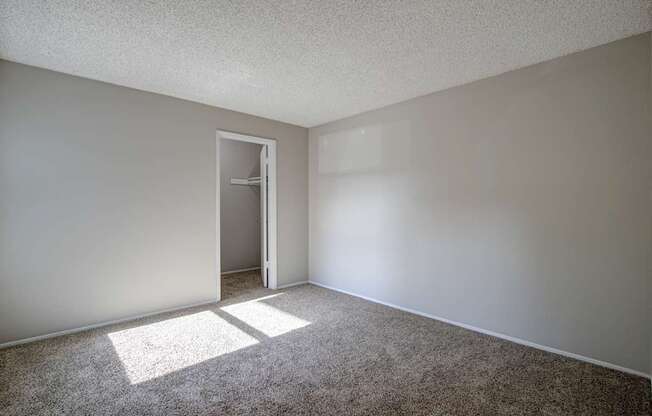 A room with a carpeted floor and a doorway leading to another room.