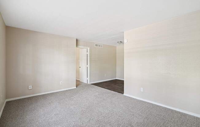 A room with a carpeted floor and a doorway leading to another room.