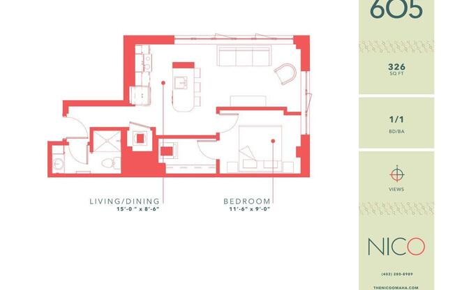 1 bed, 1 bath, 623 sqft, $1,260, Unit 605