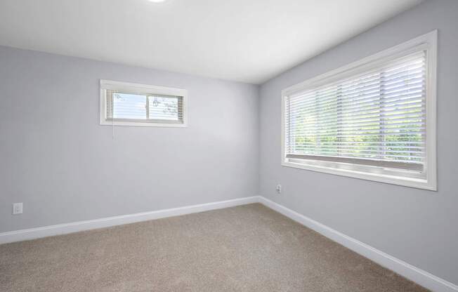 A room with a window and a carpeted floor.