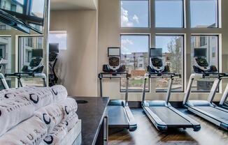 Grand Prairie, TX Apartments for Rent - Waters Edge at Mansfield - Athletic Center With Treadmills, Property-Branded Towels, Large Windows, High Ceilings, Large Gym Mirror, and Mounted TV.