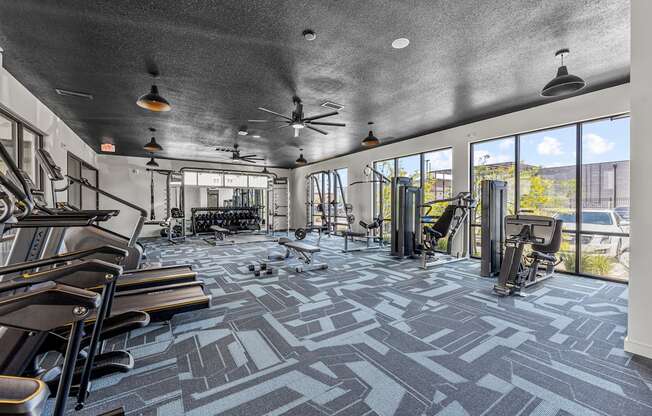 a gym with weights and cardio equipment and large windows