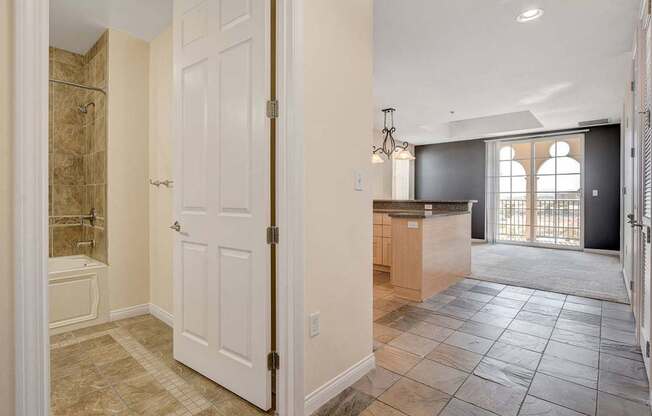 A bathroom with a walk-in shower and a white door.