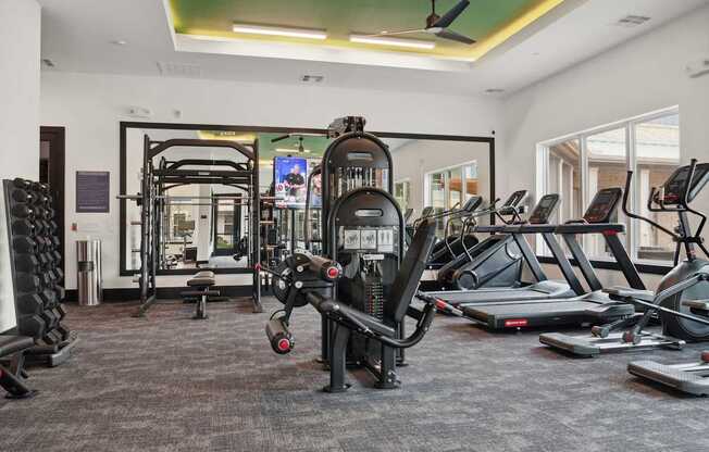 A gym with a variety of equipment including treadmills, weights, and a television.