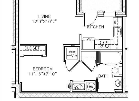 Studio, 1 bath, 576 sqft, $1,235, Unit 102