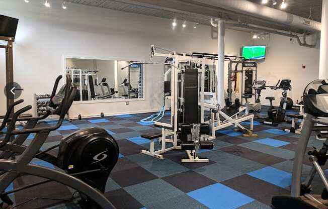 A gym with a variety of equipment including a squat rack, a bench press, and a leg press machine.