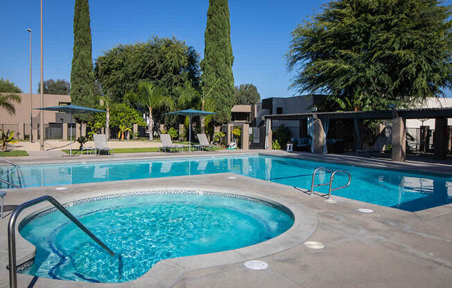 Pool with cabana seating at Aspire Upland Apartments, Upland, CA, 91786