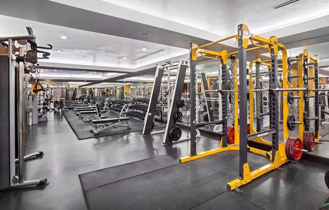 A gym with a variety of equipment including weightlifting machines and free weights.
