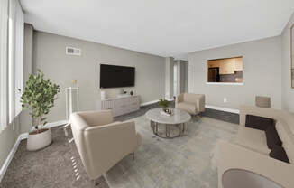 A living room with a television, two couches, and a potted plant.