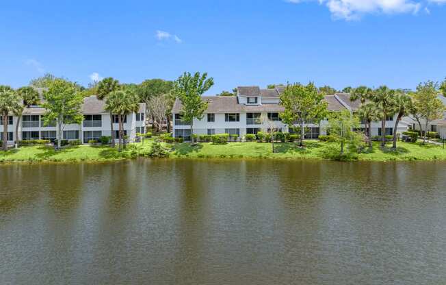 view of the apartments from across the lake