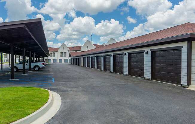 a row of garages on the side of a building