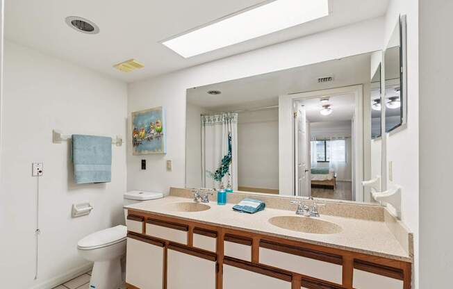 A bathroom with a toilet, sink, and mirror at Hampton Apartments, Clearwater 33759