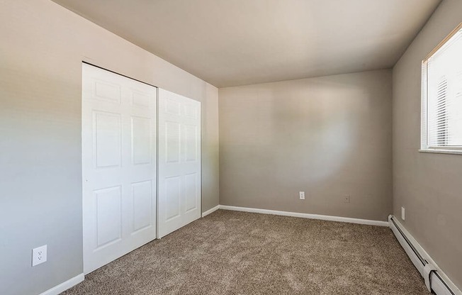 a bedroom with two closets and a carpeted floor