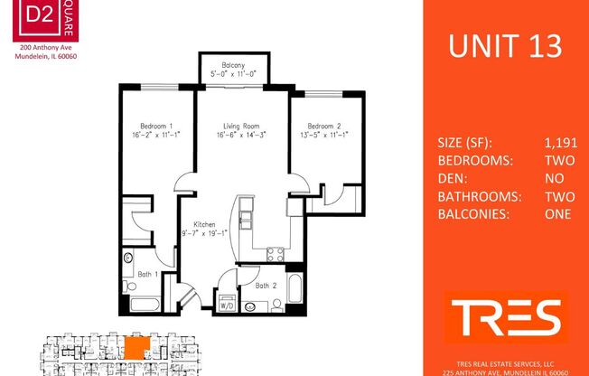 2 beds, 2 baths, 1,191 sqft, $2,450, Unit 513