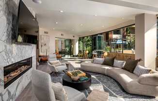 A modern living room with a fireplace and grey sofas.