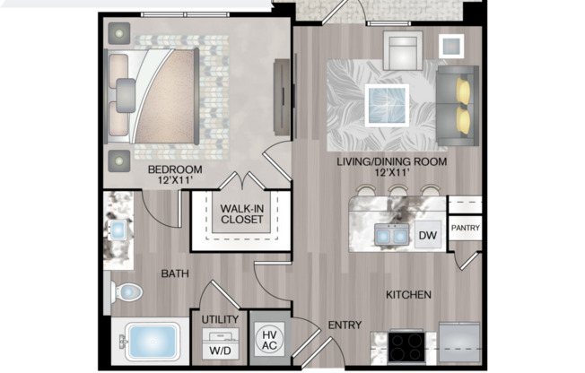 1 bed, 1 bath, 587 sqft, $1,249