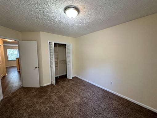 an empty living room with carpet and a door to a closet
