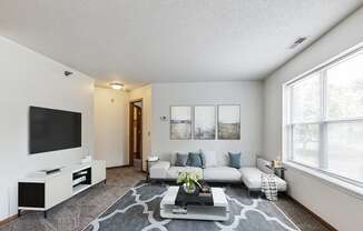 A living room with a grey and white patterned rug, a white sofa, a black television, and a window with blinds.