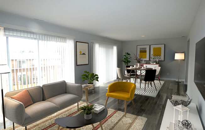 a living room with gray walls and a large window