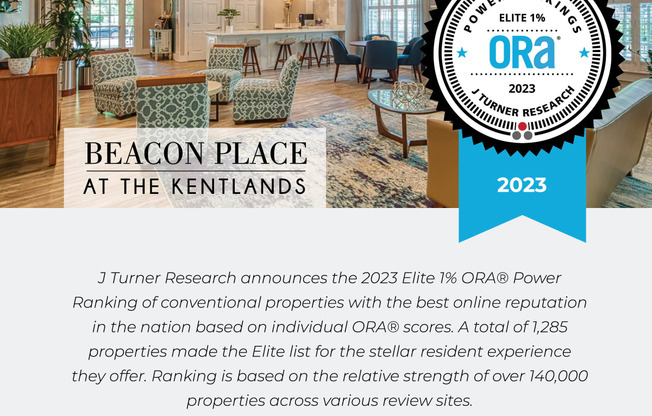 J Turner Research announces the 2023 Elite 1%  ORA Power Ranking of conventional properties with the best online reputation in the nation based on individual ORA scores.