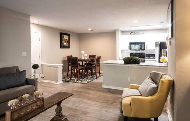 Living room overlooking kitchen and dining room at Grove Point, Georgia