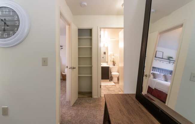 This is a picture of the hall linen closet in a 578 sq foot 1 bedroom, 1 bath apartment at Red Bank Reserve in the Madisonville neighborhood of Cincinnati, Ohio.